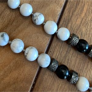 Extra long necklace with tassel, howlite and onyx, 25 inch drop, black white